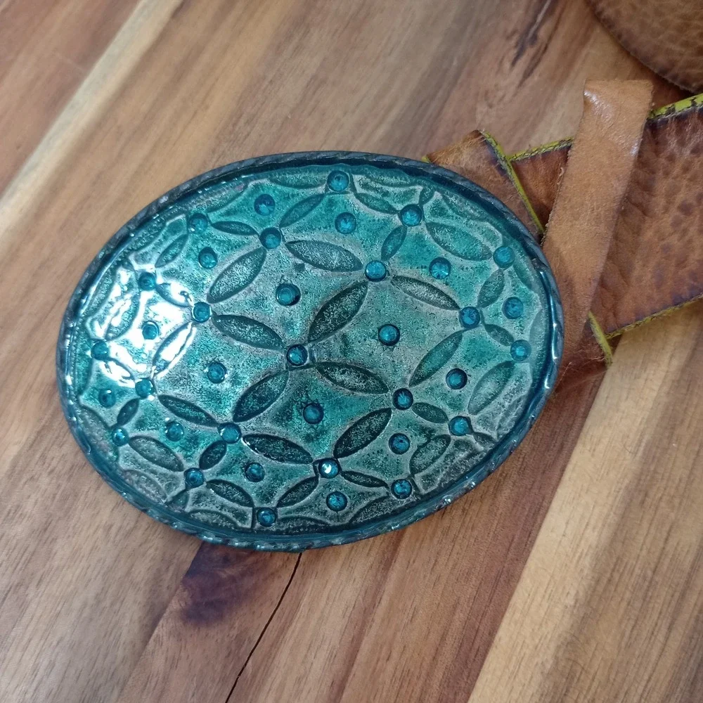 Vintage GAP Belt Y2K Brown Leather Statement Buckle Teal‎ Rhinestones Small